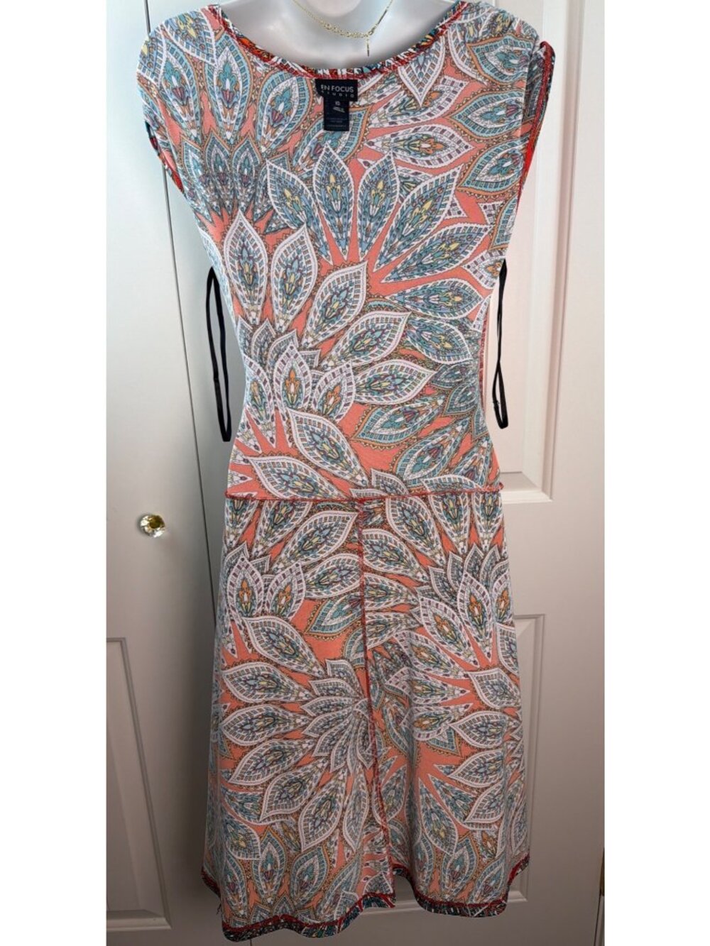 Enfocus Studio Red & Teal Paisley Ruched Sleeveless Midi Dress, Size 10 - Picture 7 of 8